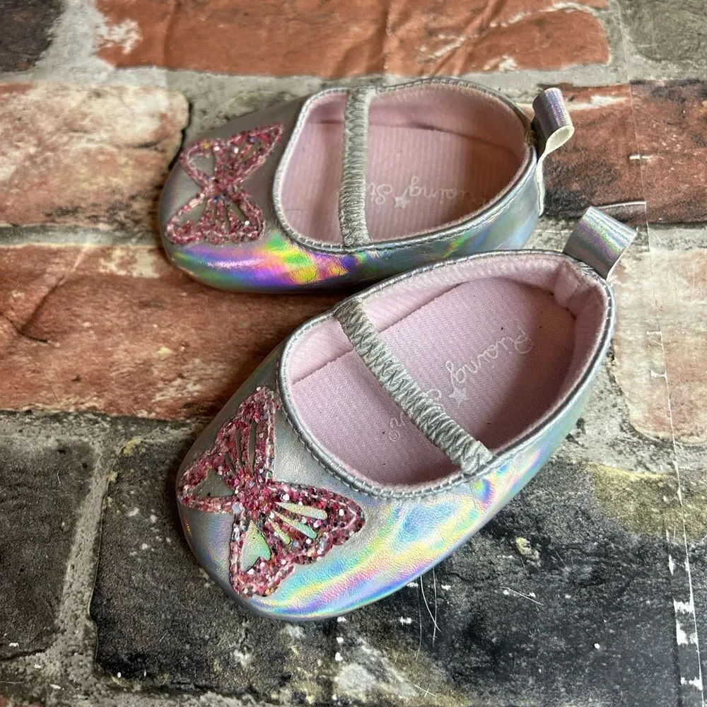 5‎ for $25🔥Rising Star Metallic Silver Butterfly Flats Baby Size 6-9 Months